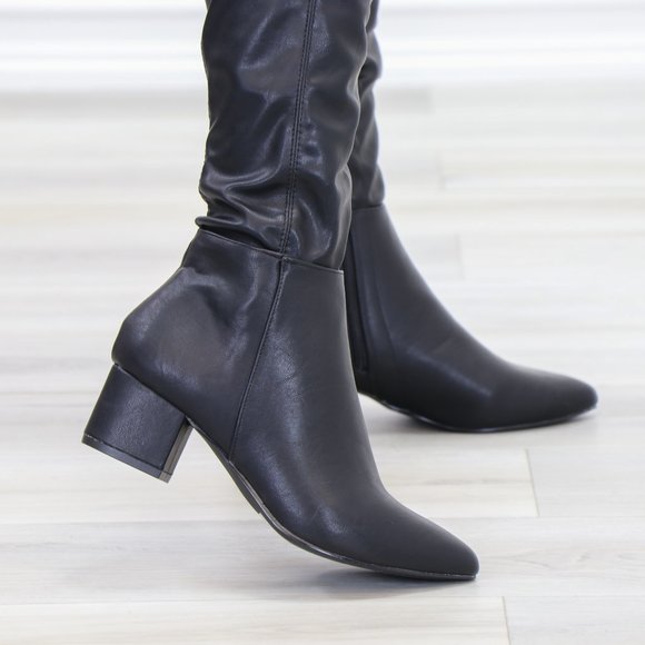 Pointy Toe Over The Knee Black Boots Faux Leather - Picture 14 of 15